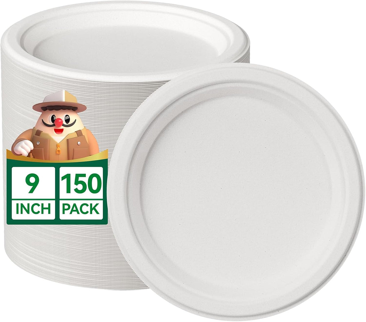 9 Inch Paper Plates, White Compostable Plates 150 Pack