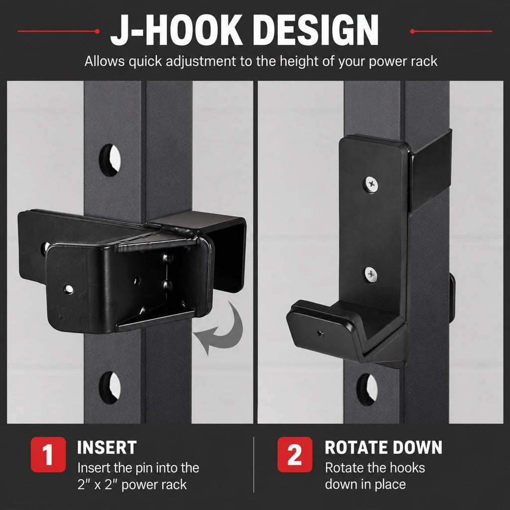 J Hooks for 2" x 2" Power Rack, Rubber Pad J-Hook for Power Cage, Bottom Reinforced Steel J Cups for Squat Rack