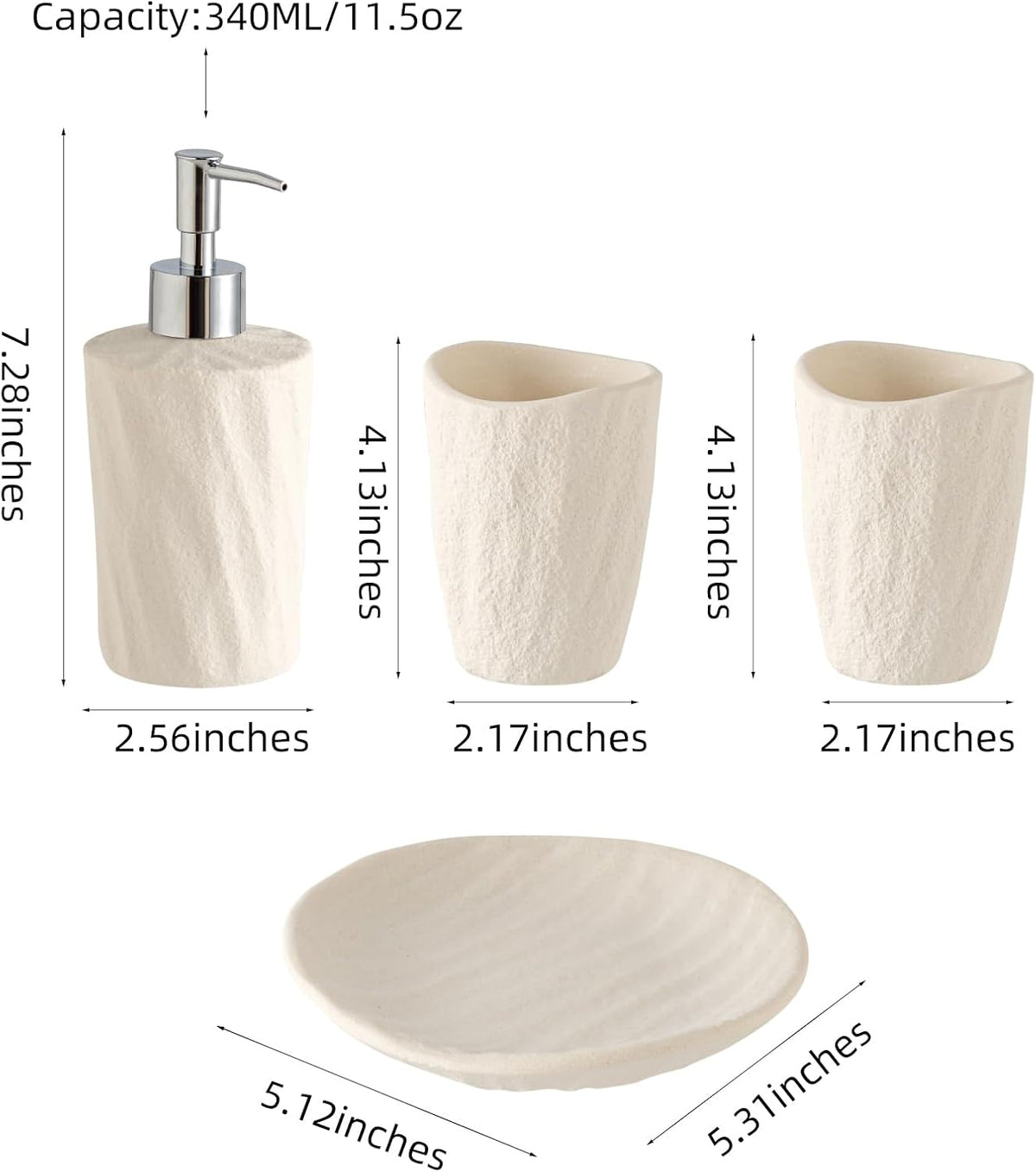 Bathroom Accessories Set, 4 PCS Modern Stone Texture, White | Minimalist, Resin, with Liquid Soap Dispenser 11.5 OZ