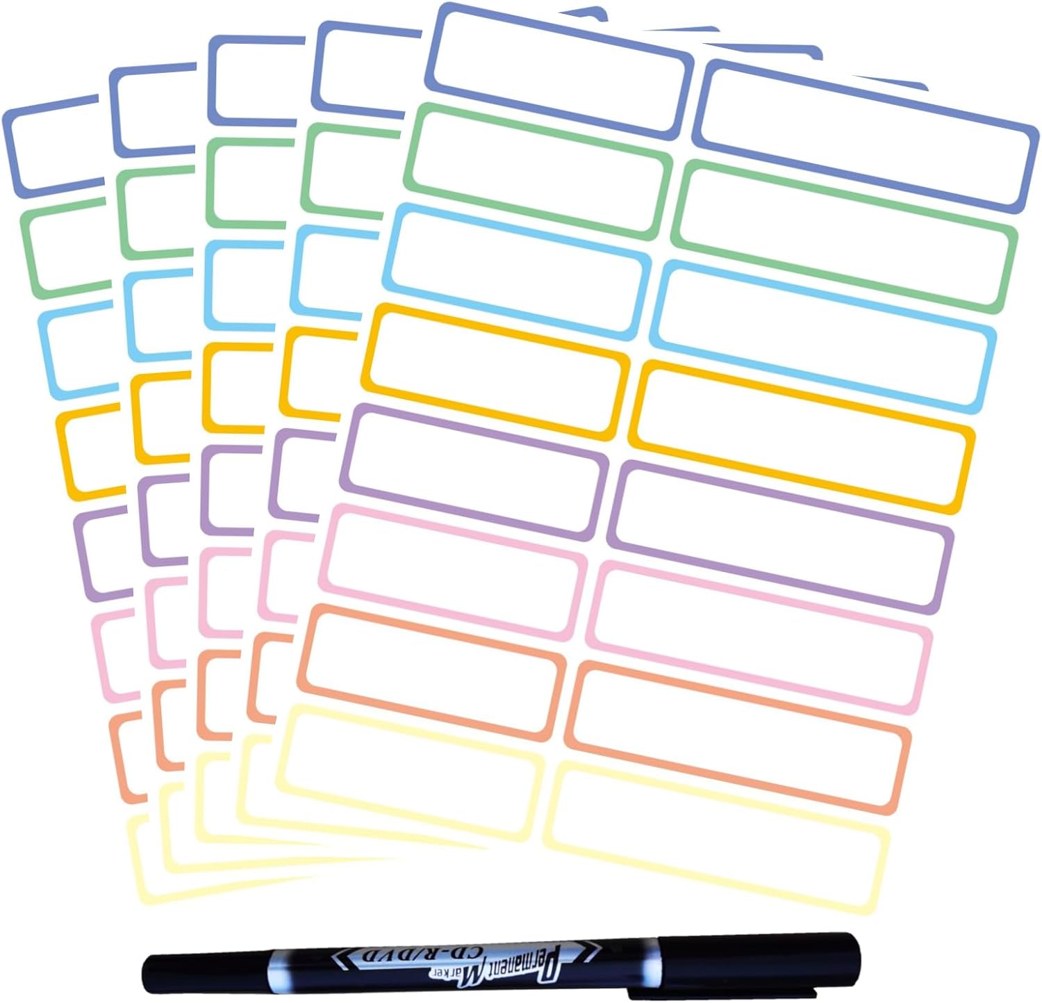 Waterproof Removable Name Labels, Colored Border Bottles Labels 320, Write-on Label Colorful Name Tags for Office