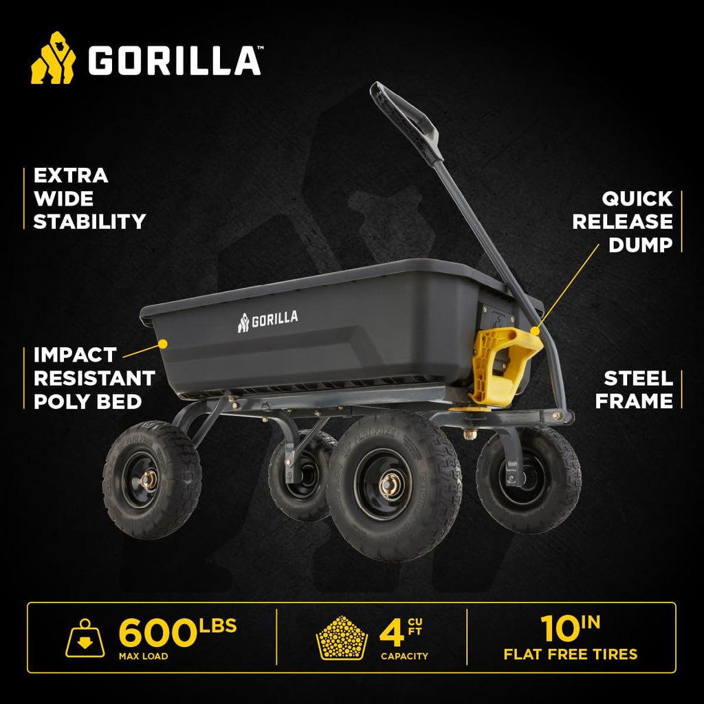 Heavy-Duty Dump Cart, Patented Quick-Release Dumping, Steel Frame, 600 lb Capacity, No-Flat 10-Inch Tires, Utility