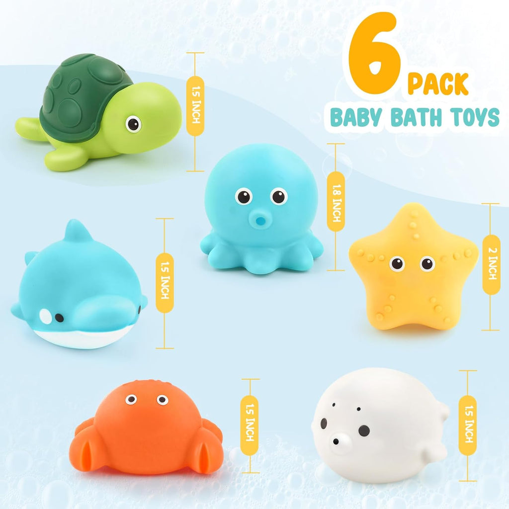 Bath Toys 6 Pack No Hole Baby Bathtub Toys Soft Squeezable & Float on Water Easy-Grip Toddler Bath Toy Set for Kids