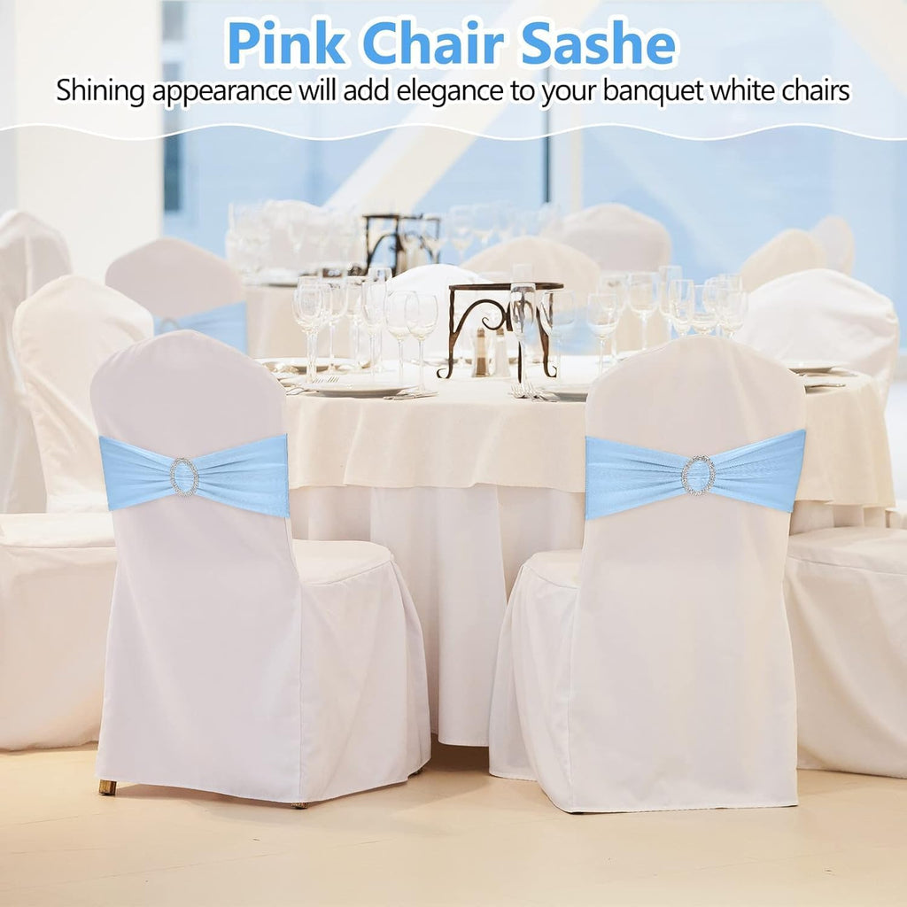 10PCS Chair Cover Stretch Band with Buckle Slider Sashes Bow Wedding Banquet Chair Decoration (Light Blue)