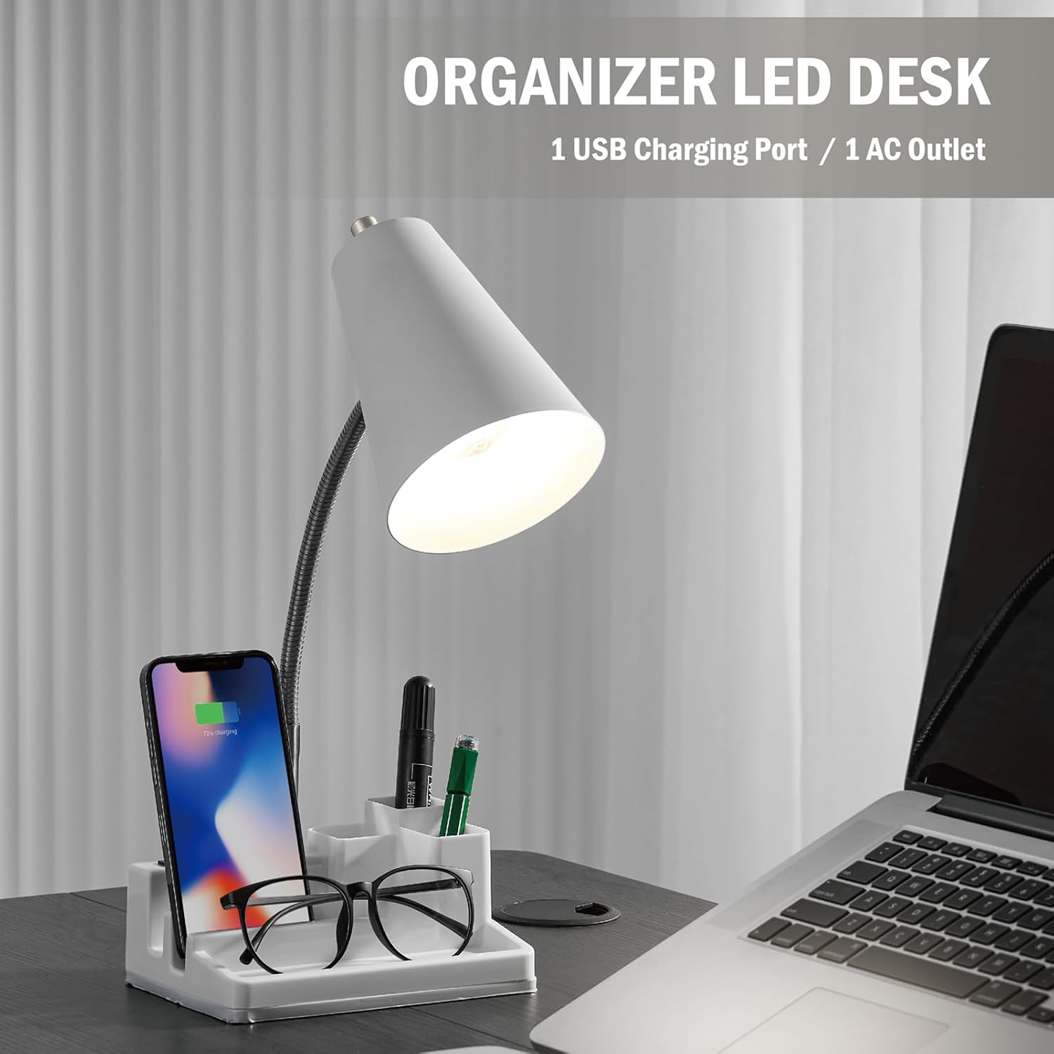 Desk Lamp Cute for Small Space, Lamp Desk with USB Port and Outlet, Desk Lamps for Home Office with Pen Holder, Study