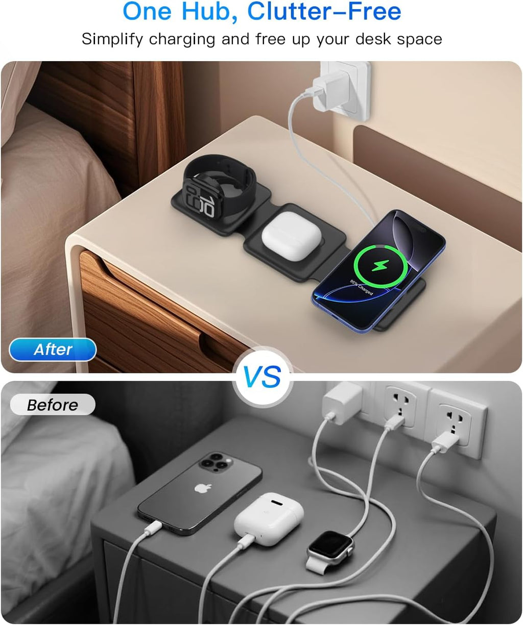 Magnetic Wireless Charger for iPhone: Fodable 3 in 1 Charging Station for Multiple Apple Devices - Travel Charging