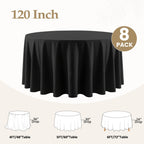 120 Inch Black Round Tablecloths for 48"-96" Table, 8 Pack