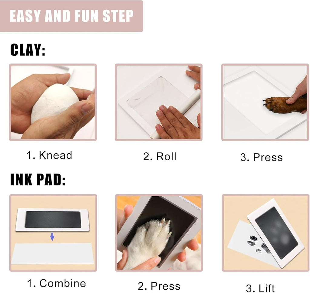 Paw Print Impression Kit for Dogs and Cats, 2 Clay, Large Ink Pad, Wooden Picture Frame, Pet Memorial Keepsake, Gift