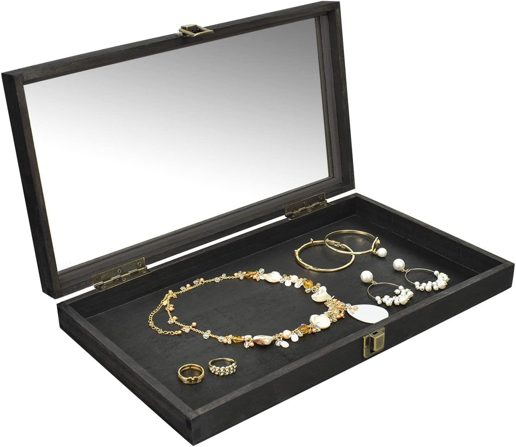 Wooden Jewelry Display Case with Tempered Glass Top, Dark Brown | Wood jewelry case with a tempered-glass lid and