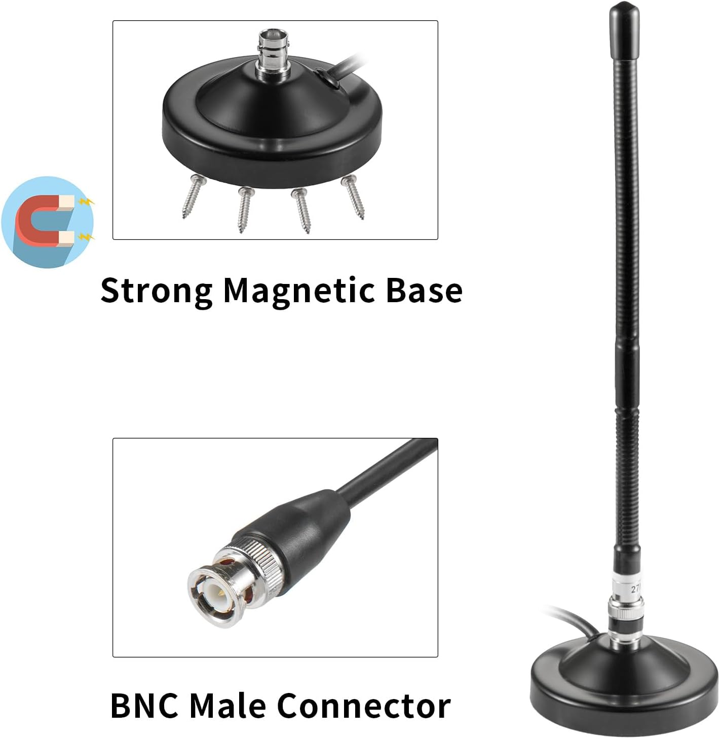 Long Range 27MHz Heavy Duty Magnetic Base Station Soft Whip CB Radio Antenna Kit for Cobra Midland Uniden Maxon