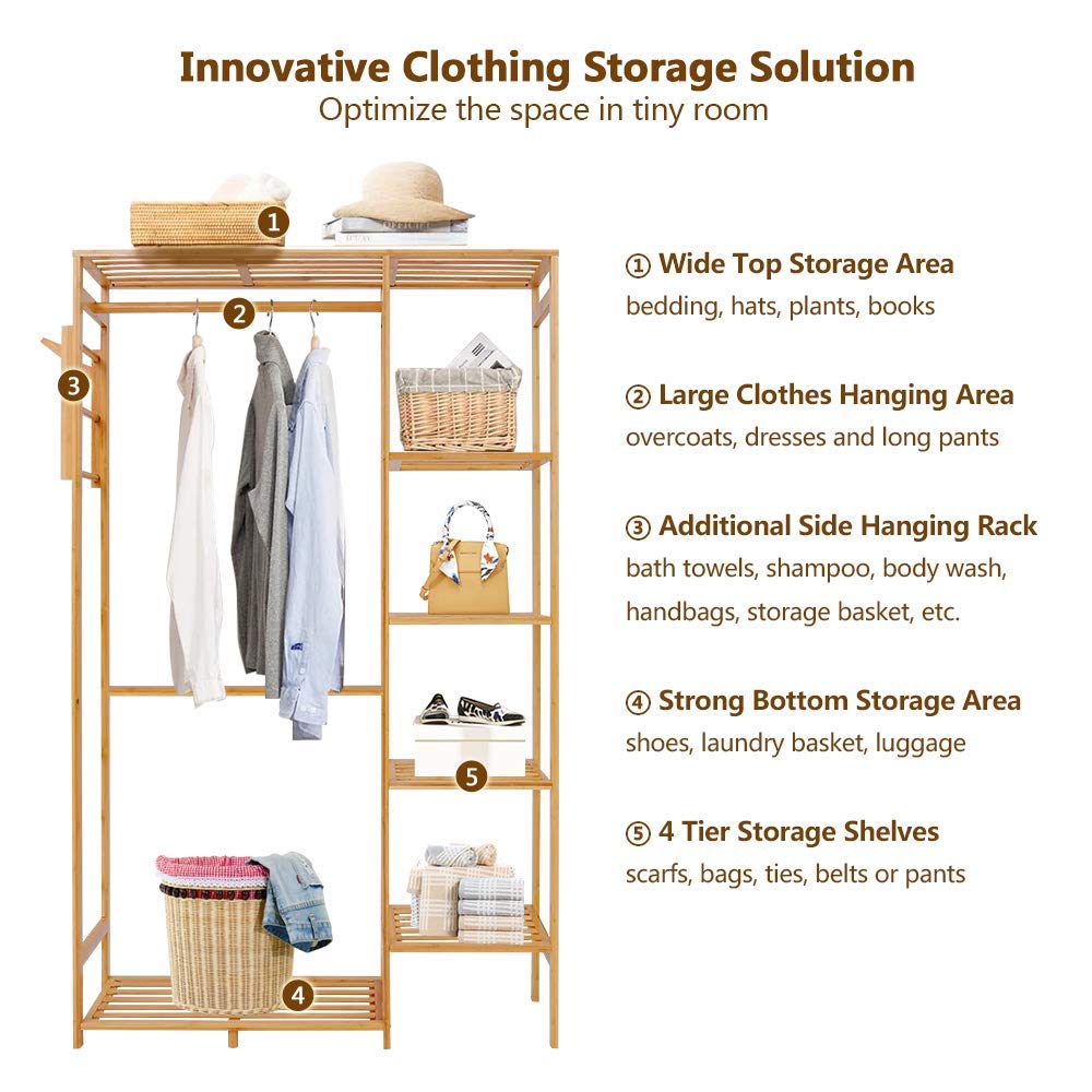 Bamboo Garment Rack with 6 Tier Storage Shelves & Hanging Rod