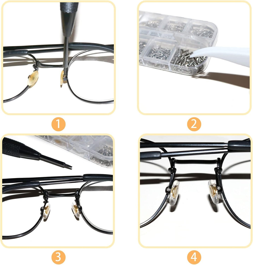Eyeglass Repair Kit with Glasses Screws - Contains Precision Screwdriver kit and Nose Pads, Cleaning Cloth, Tweezers
