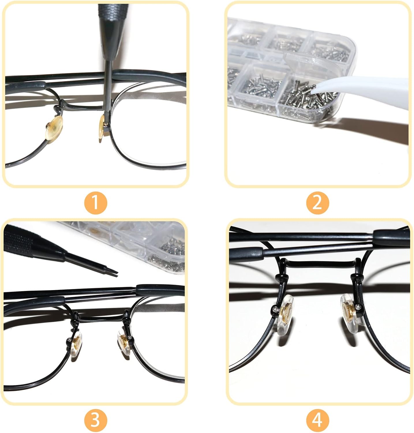 Eyeglass Repair Kit with Glasses Screws - Contains Precision Screwdriver kit and Nose Pads, Cleaning Cloth, Tweezers