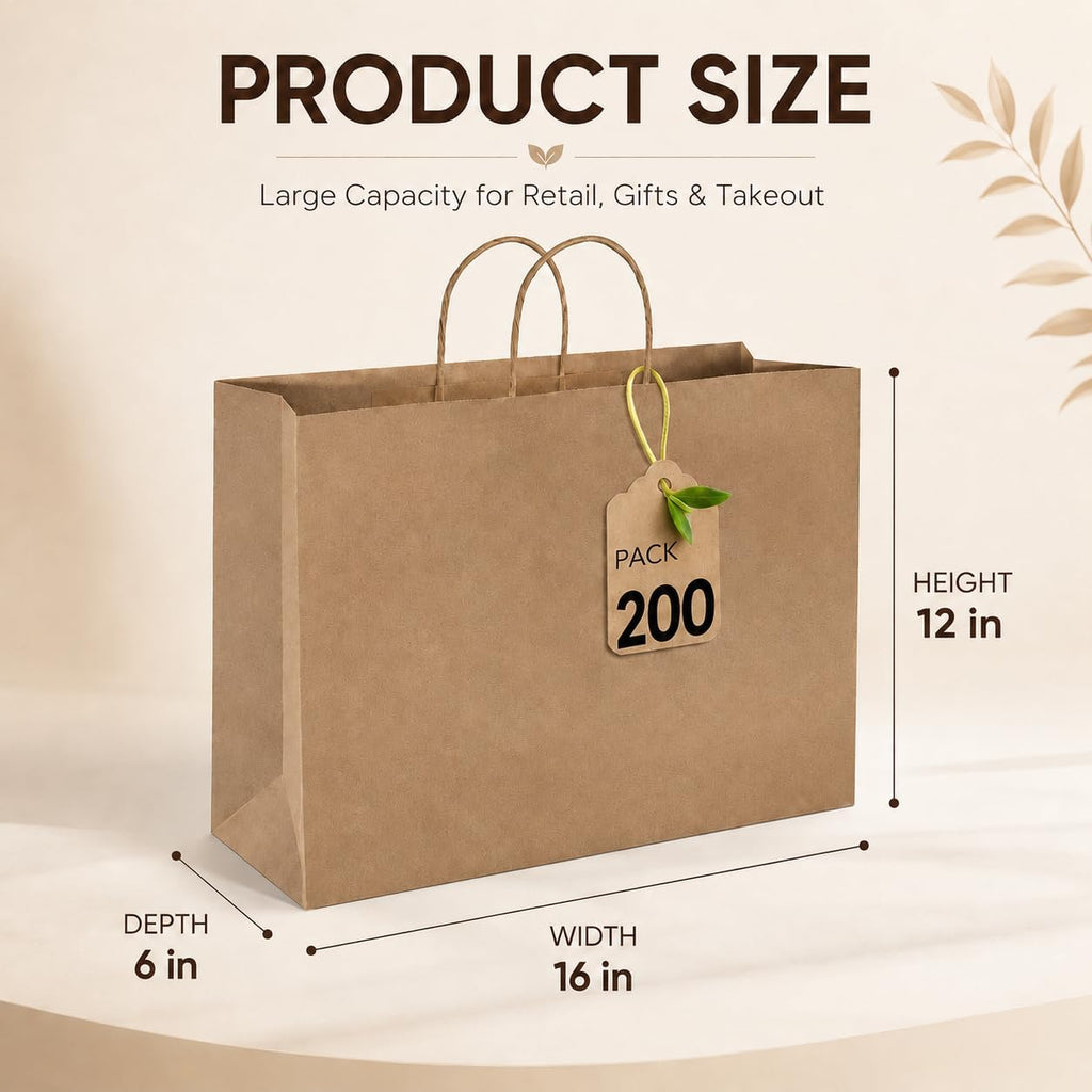 Large Brown Gift Paper Bags with Handles 16x6x12 Inch 200 Pack Bulk