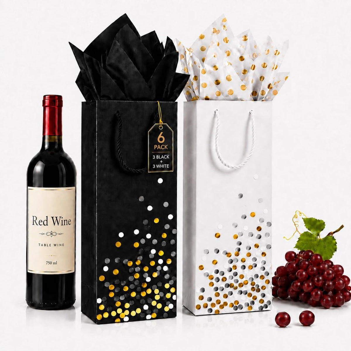 6 Pack Wine Gift Bags, 3 Black and 3 White Bottle Bags