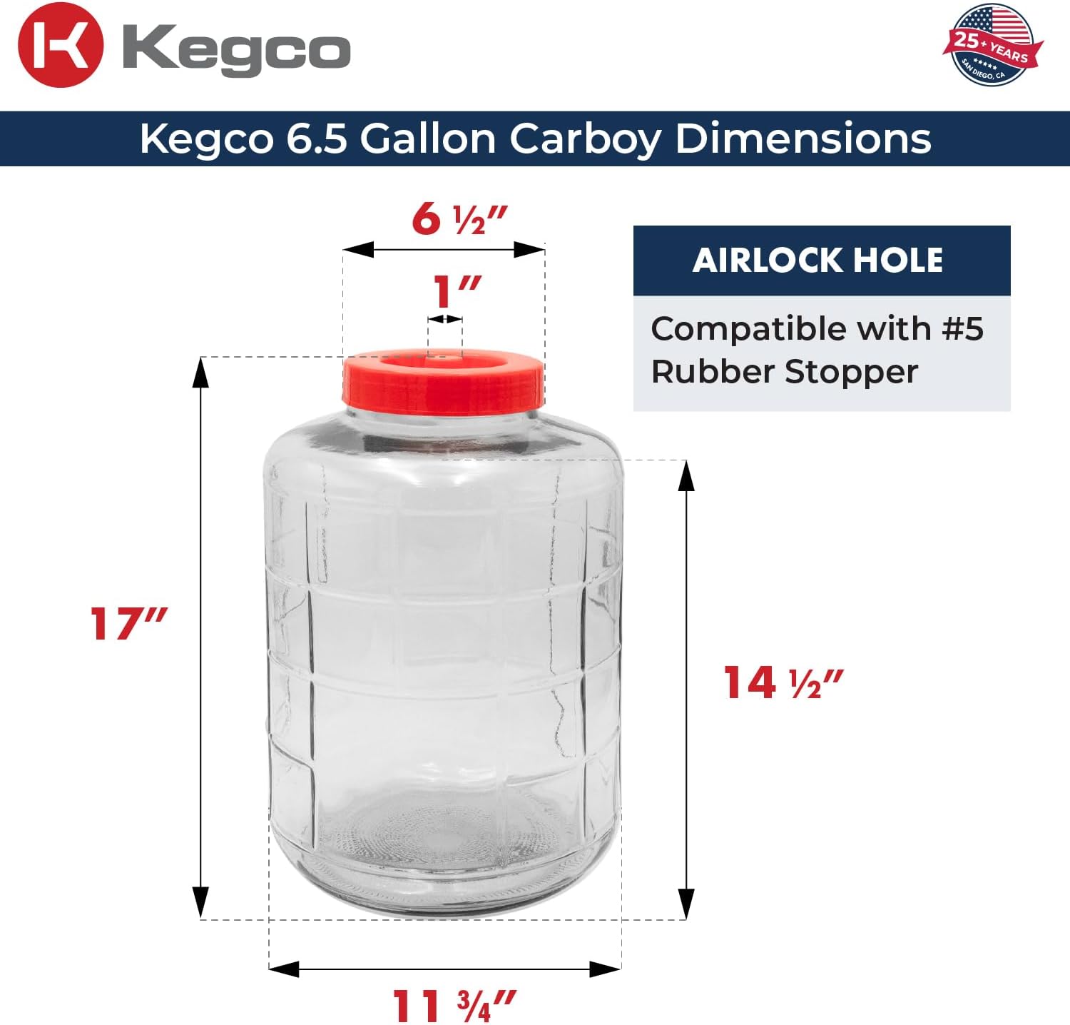 6.5 Gallon Wide Mouth Glass Carboy Fermenter Homebrew Beer & Wine Making