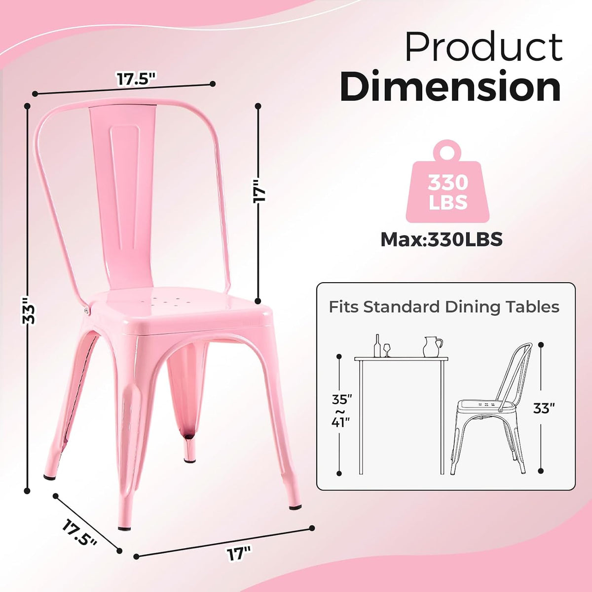 Metal Dining Chairs with Backrest, Stackable, Pink, 4 Pack