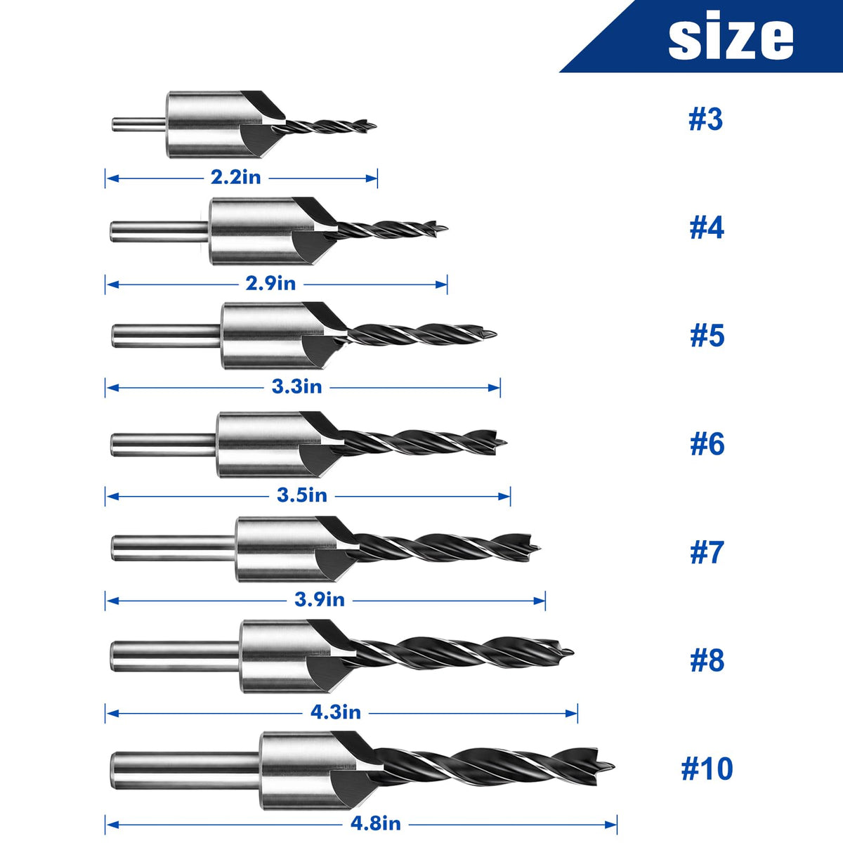RENYU 7pcs Countersink Drill Bit Set, High Carbon Steel, 5-Flute