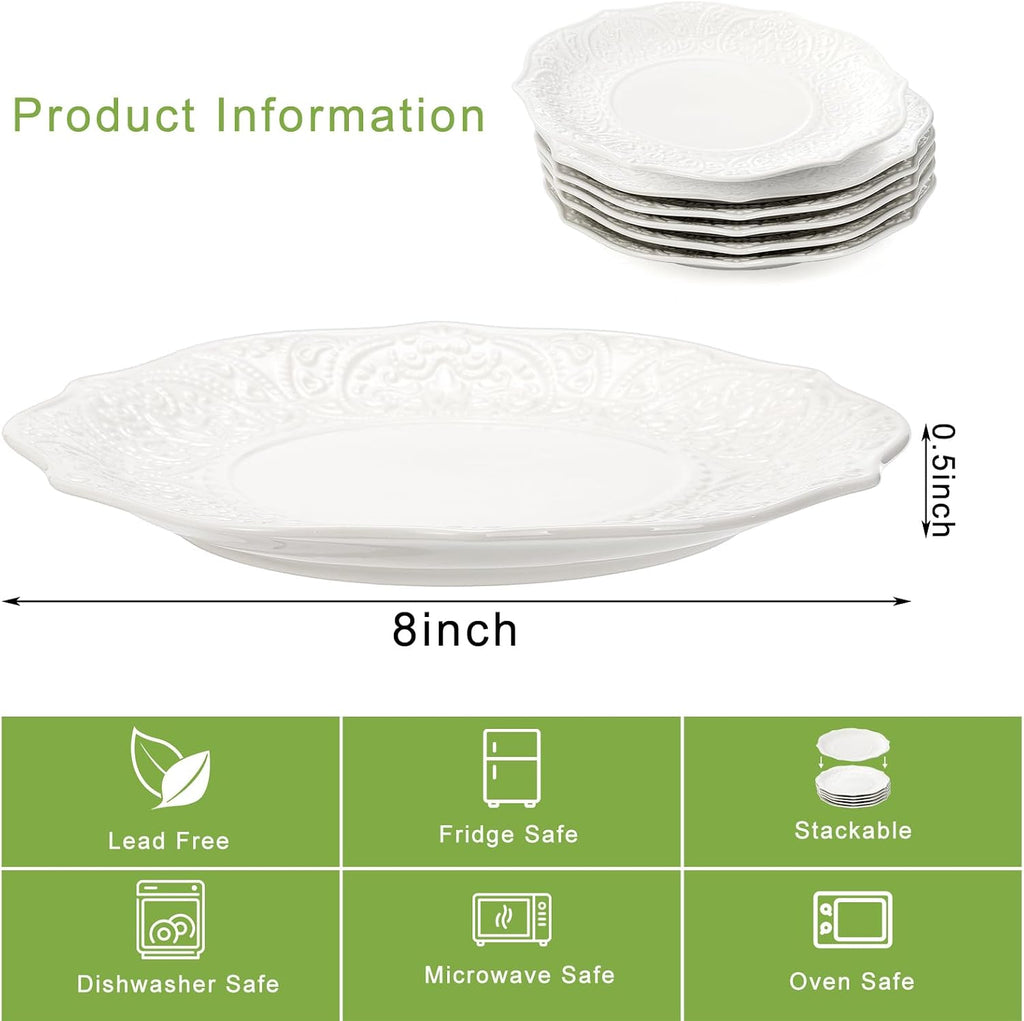 Set of 6 Salad Plate, 8 Inch Porcelain Dessert Serving Plates, Embossed Printing Small Dinner Dish for Pancakes
