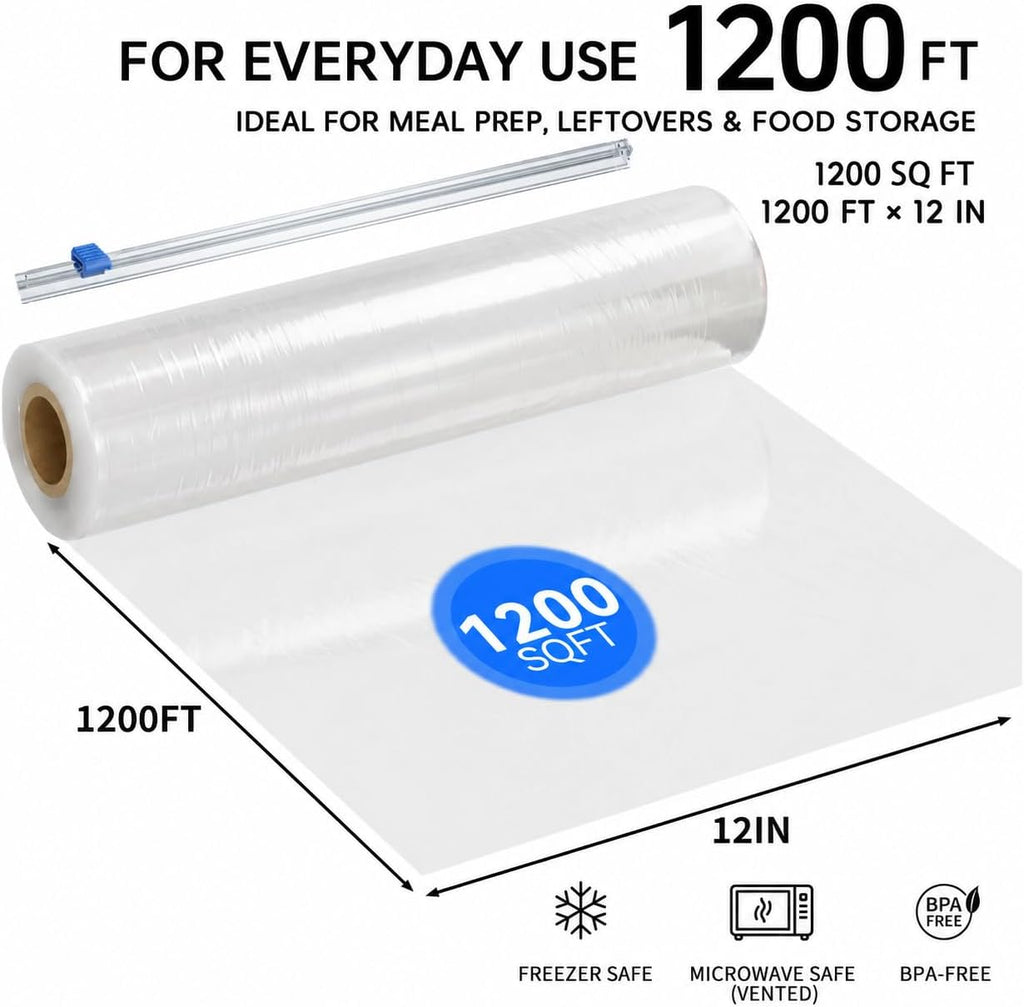 1200 Sq Ft Plastic Wrap with Slide Cutter, Cling Wrap for Kitchen