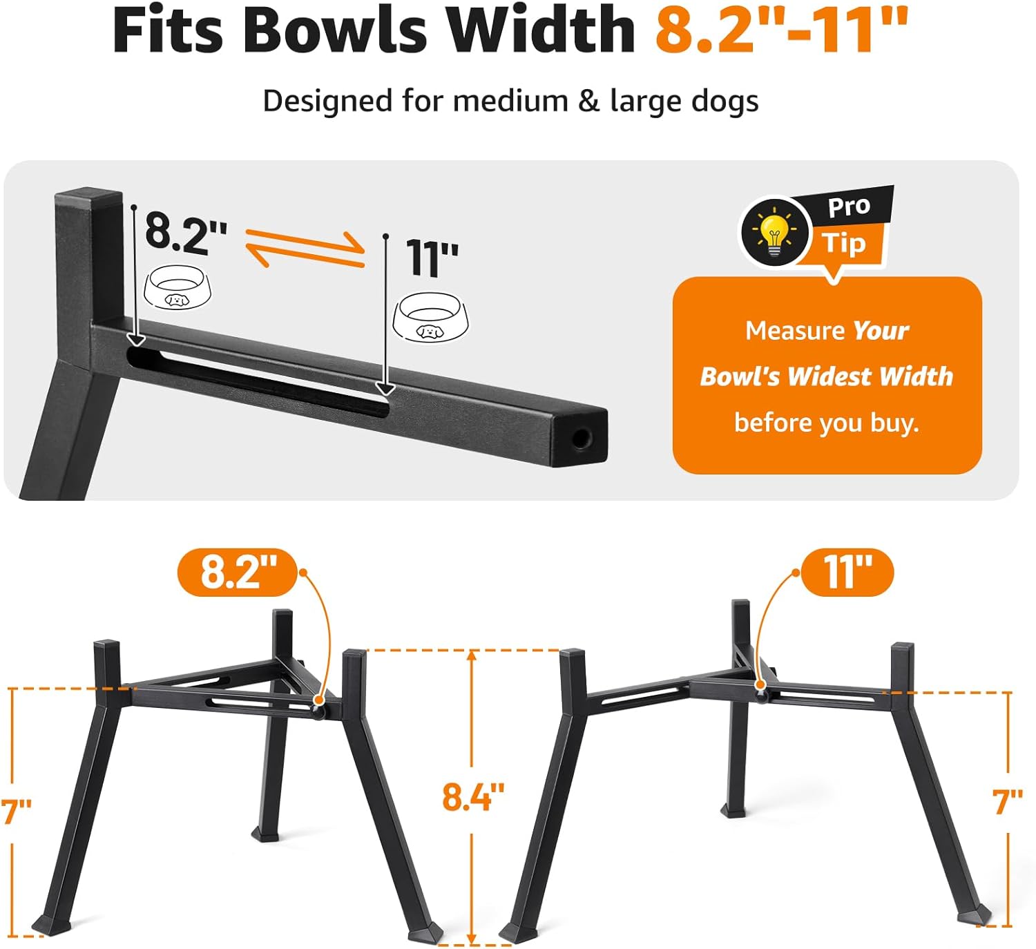 Elevated Dog Bowl Stand: Fits for Bowls Width 8.2"-11" (Without Bowls) Adjustable Width Anti-Slip Raised Dog Bowl