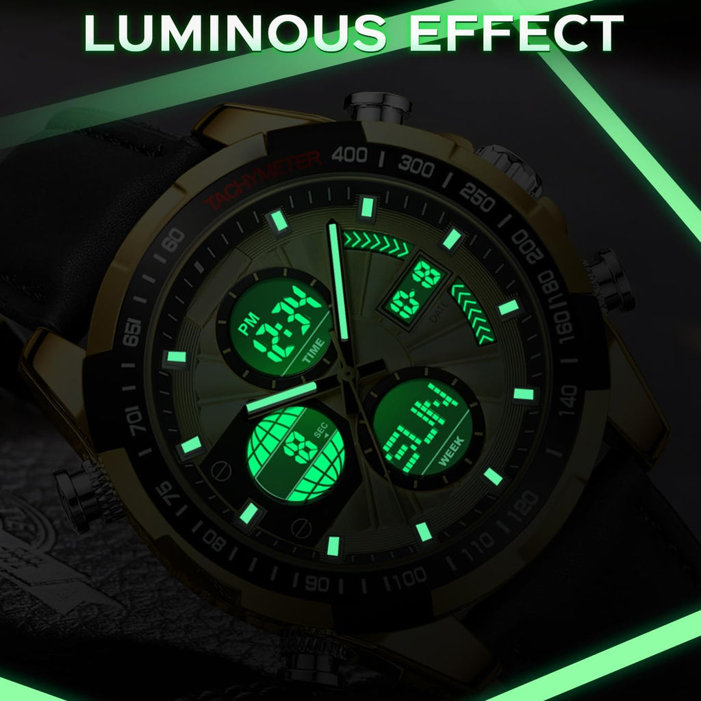 Mens Watch Digital Military Watches Leather Strap Alloy Case Waterproof Analog Watch Luxury Dress Sport Designer