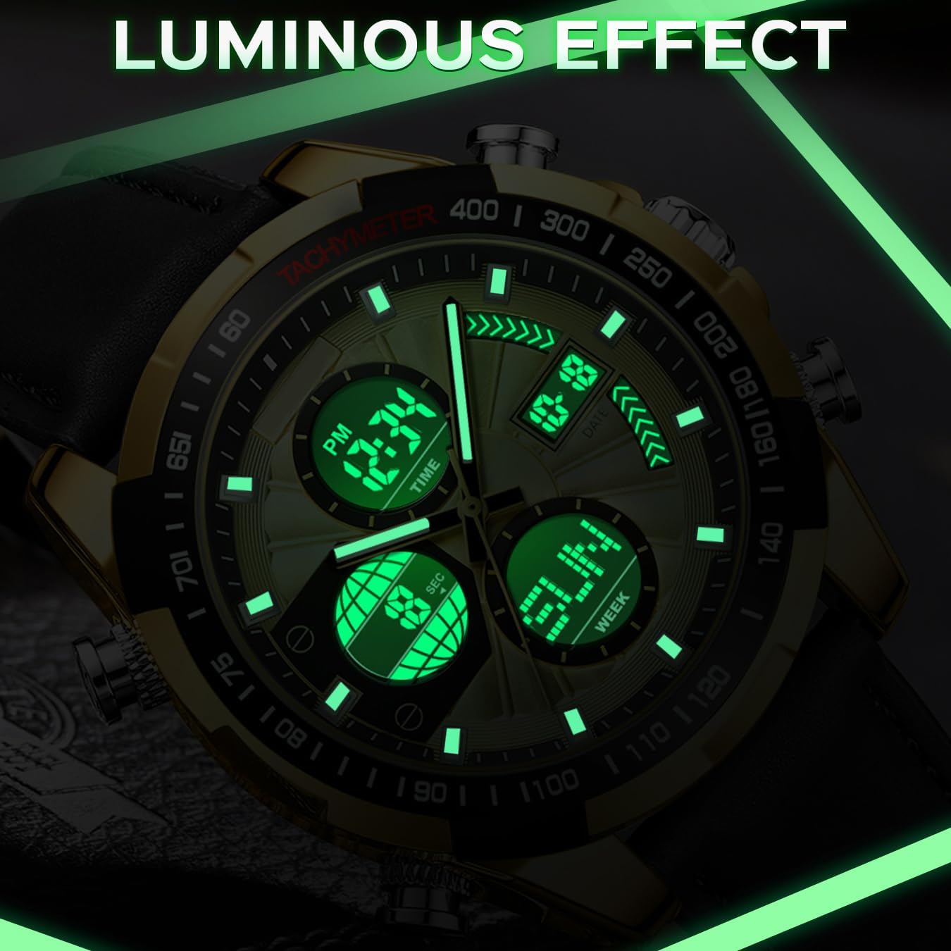 Mens Watch Digital Military Watches Leather Strap Alloy Case Waterproof Analog Watch Luxury Dress Sport Designer