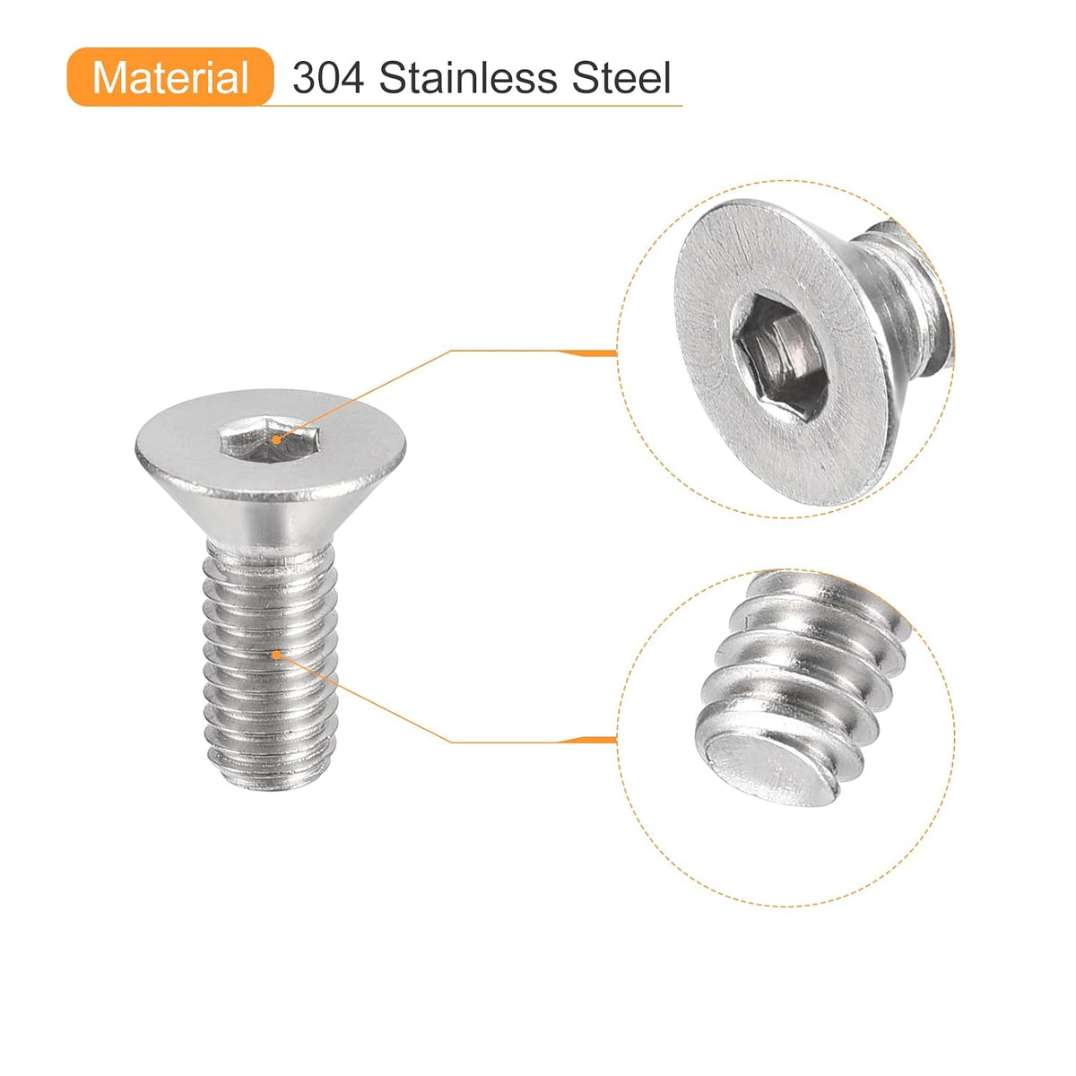 uxcell #10-32x1/2 Flat Countersunk Head Socket Cap Screws, 50Pcs 304 Stainless Steel Hex Socket Flat Head Screws, Full Thread, Countersunk Bolts