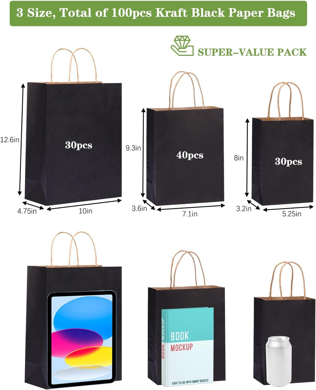 100pcs Black Paper Bags with Handles Bulk, Gift Bags Assorted Sizes