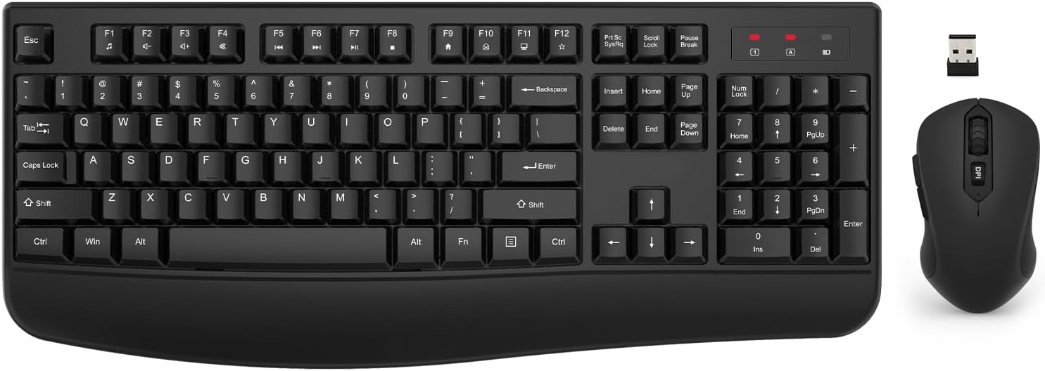 Wireless Keyboard and Mouse Combo, EDJO 2.4G Full-Sized Ergonomic Computer Keyboard with Wrist Rest and 3 Level DPI