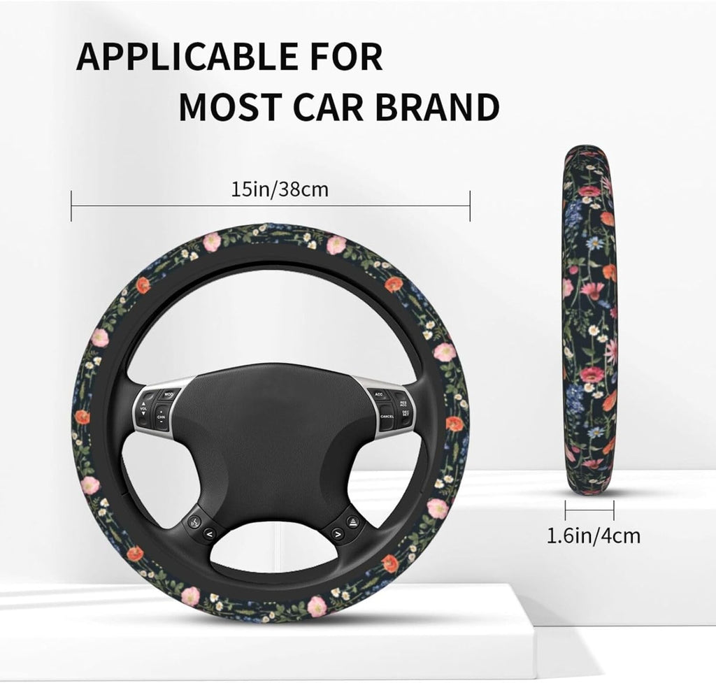 Wildflower Car Steering Wheel Cover + 2 Pieces Car Coasters 15 Inch | Multicolor Wildflower Steering Wheel Cover