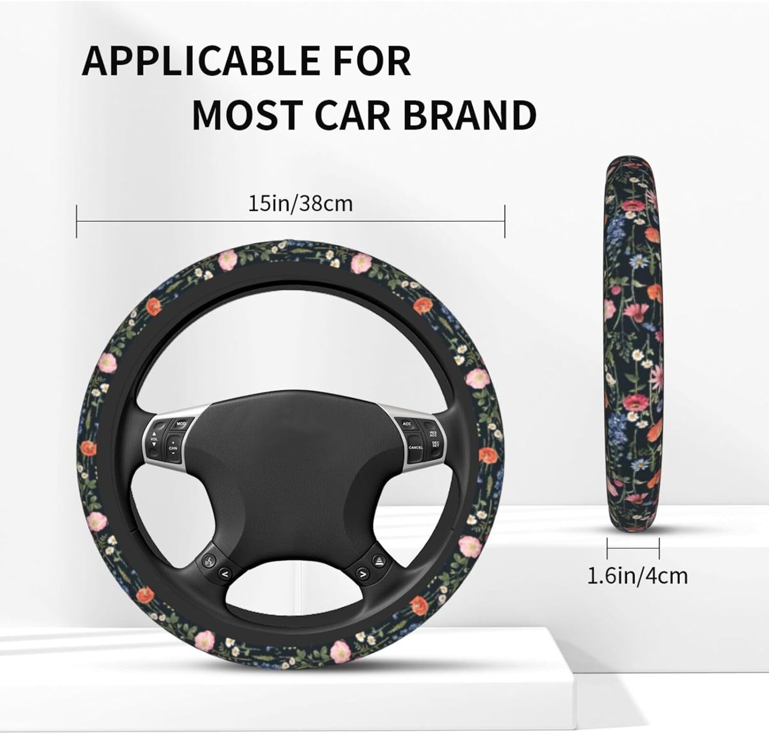 Wildflower Car Steering Wheel Cover + 2 Pieces Car Coasters 15 Inch | Multicolor Wildflower Steering Wheel Cover