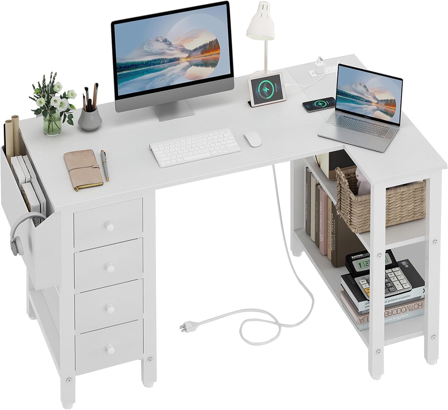 White L Shaped Computer Desk with Drawers & Storage Shelves, 47 Inch Corner Reversible Desk with Power Outlet for