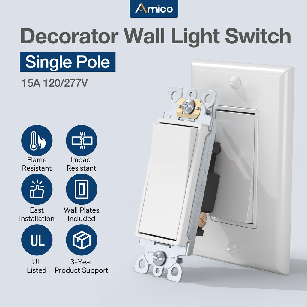 Amico 1 Pack Single Pole Light Switches with Wall Plates