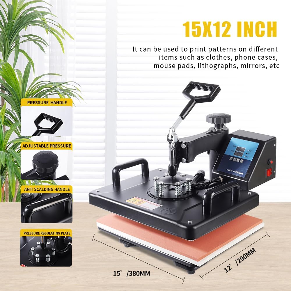 Upgraded 15 in 1 Heat Press Machine for T-Shirts,Hats,Mugs,Pens &More 12x15 Inch Heat Press 360-Degree Rotation Swing