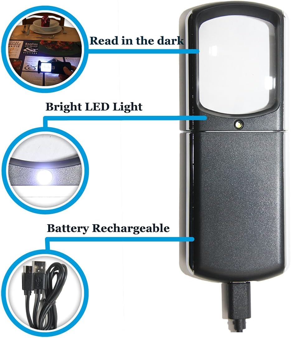 Small Rechargeable Magnifying Glass with LED Light 3.0X, Lighted Handheld Magnify Glasses for Reading Fine Prints &