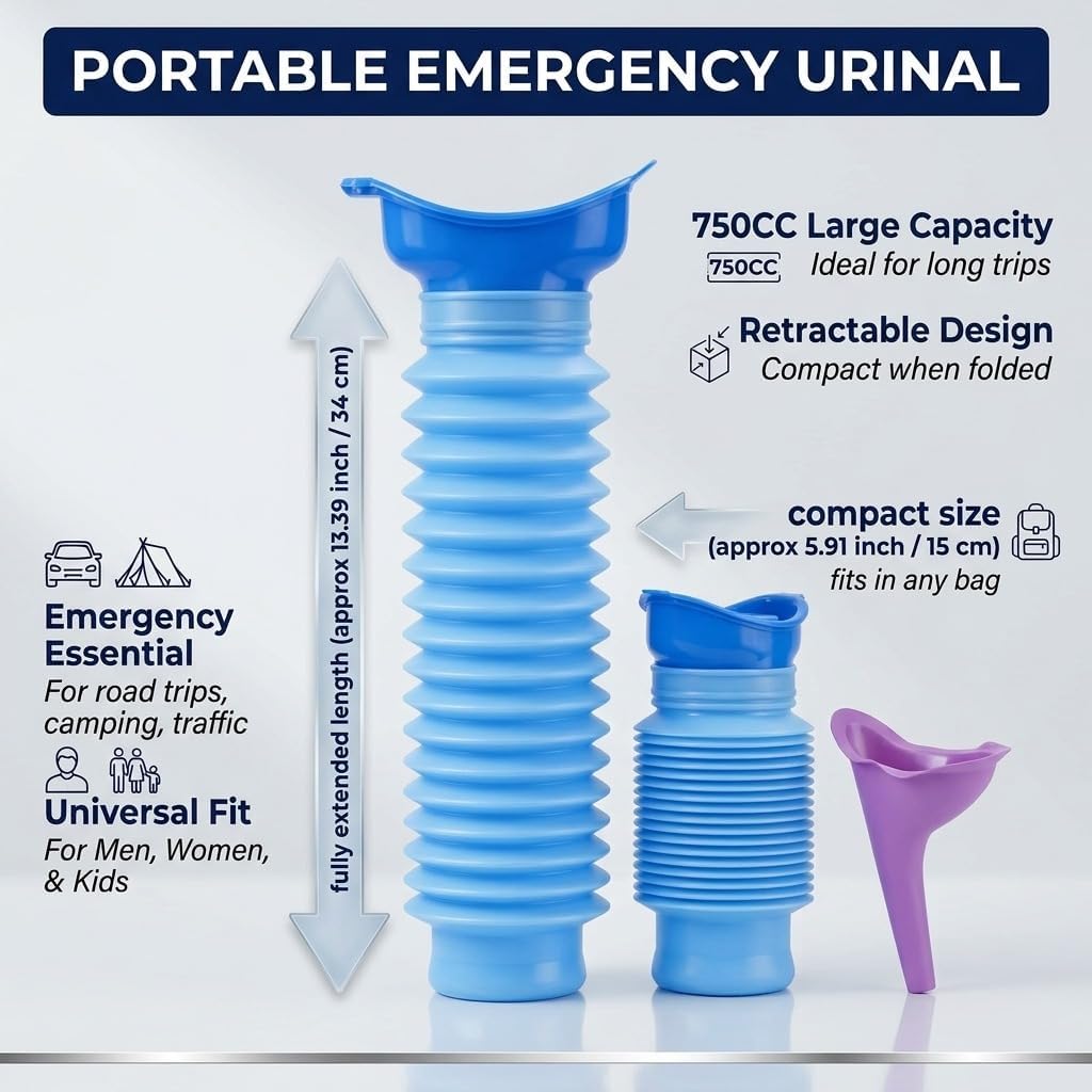 750ML Emergency Urinal, Pedestal Urinal, Pocket Toilet for Men Women, Pee Bottles Sealed Lid Collapsible Portable