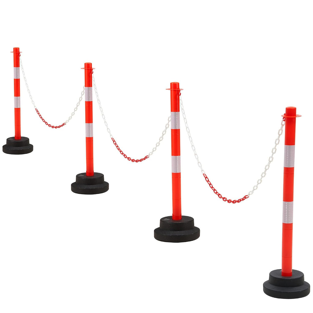 [4 Pack] 34 inch Traffic Delineator Post with Weighted Base, Orange Safety Cones with 5 FT Plastic Chain, Safety