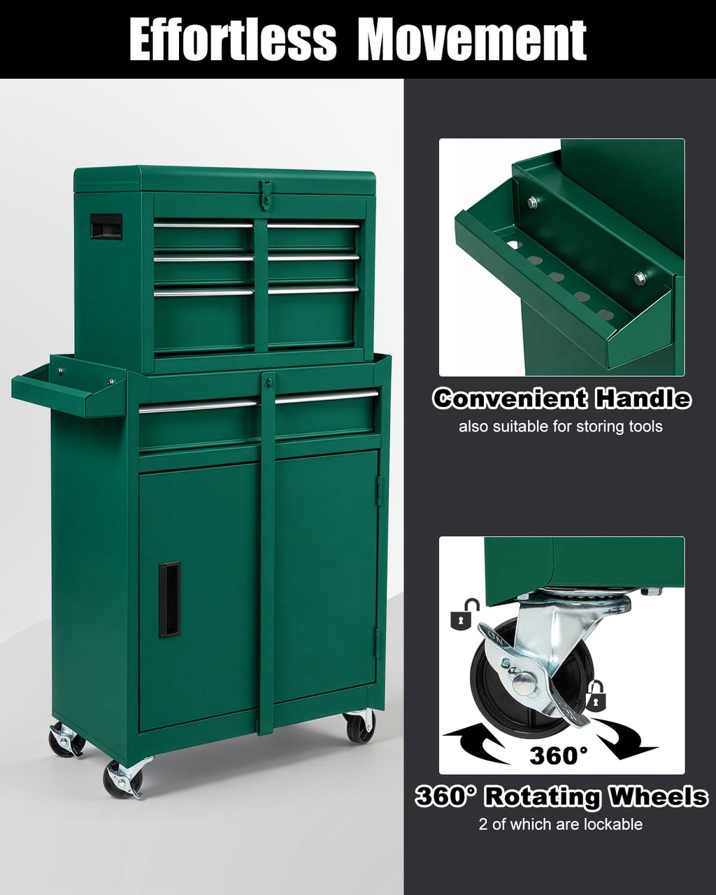 4-Drawer Rolling Tool Chest, 2-in-1 Storage Toolbox, Army Green