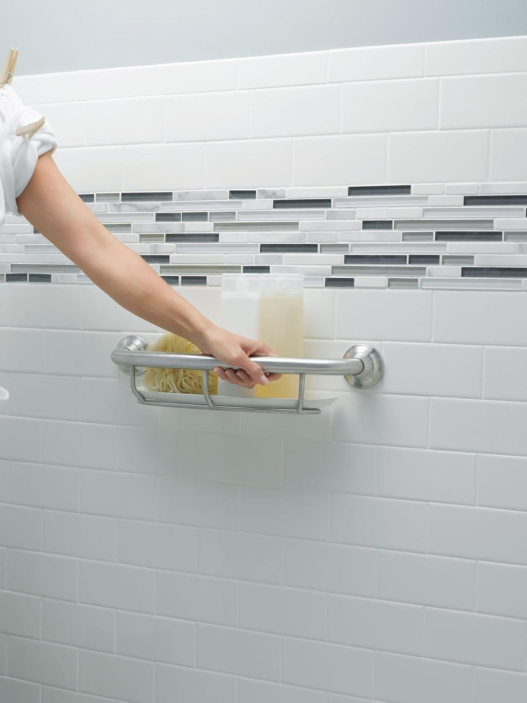 Home Care Bathroom Safety 16 Inch Handicap Grab Bar for Bathtub and Shower with Storage Shelf, Elderly Assistance