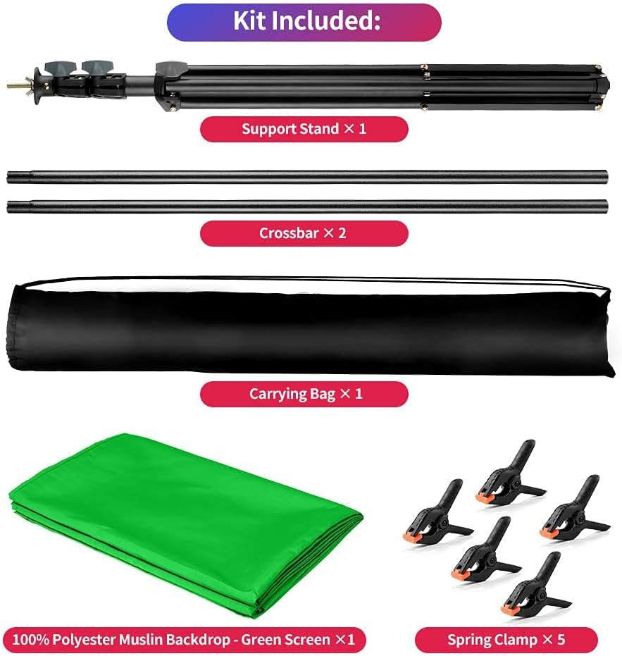 Green Screen Backdrop Stand Kit, 5x6.5FT Portable Greenscreen | Adjustable, carrying bag & 5 clamps, chromakey