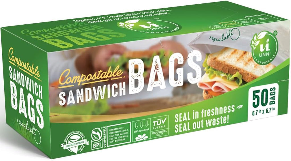 Compostable Sandwich Bags, Reclosable Food Bags, Zipper Seal, 50 Count