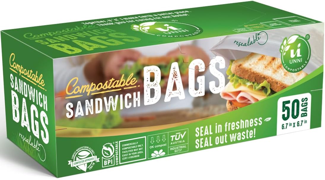 Compostable Sandwich Bags, Reclosable Food Bags, Zipper Seal, 50 Count