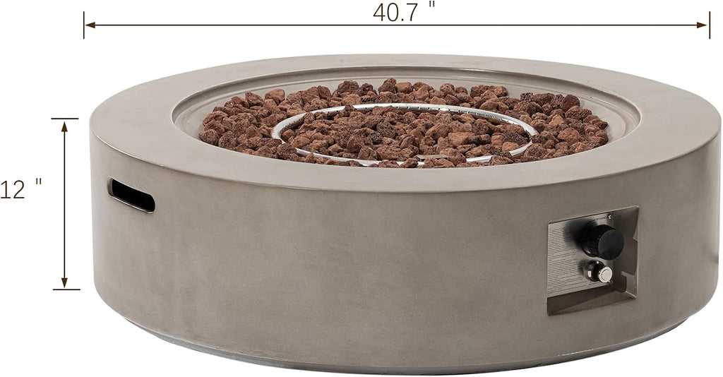 Outdoor 42" Propane Fire Pit Table, 50000 BTU Gray Patio Fire Table, Concrete Round Gas Fire Table w Lava Rocks