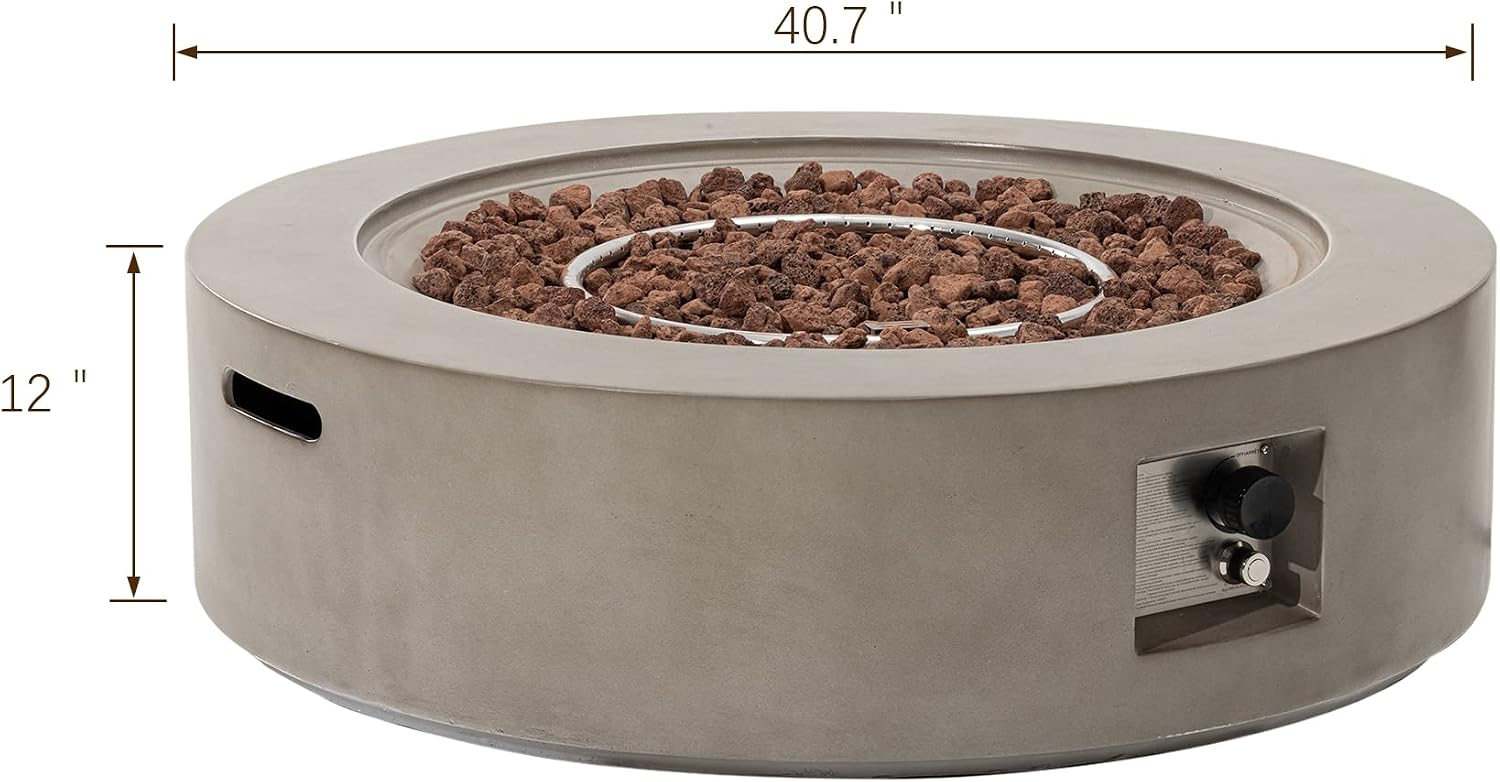 Outdoor 42" Propane Fire Pit Table, 50000 BTU Gray Patio Fire Table, Concrete Round Gas Fire Table w Lava Rocks