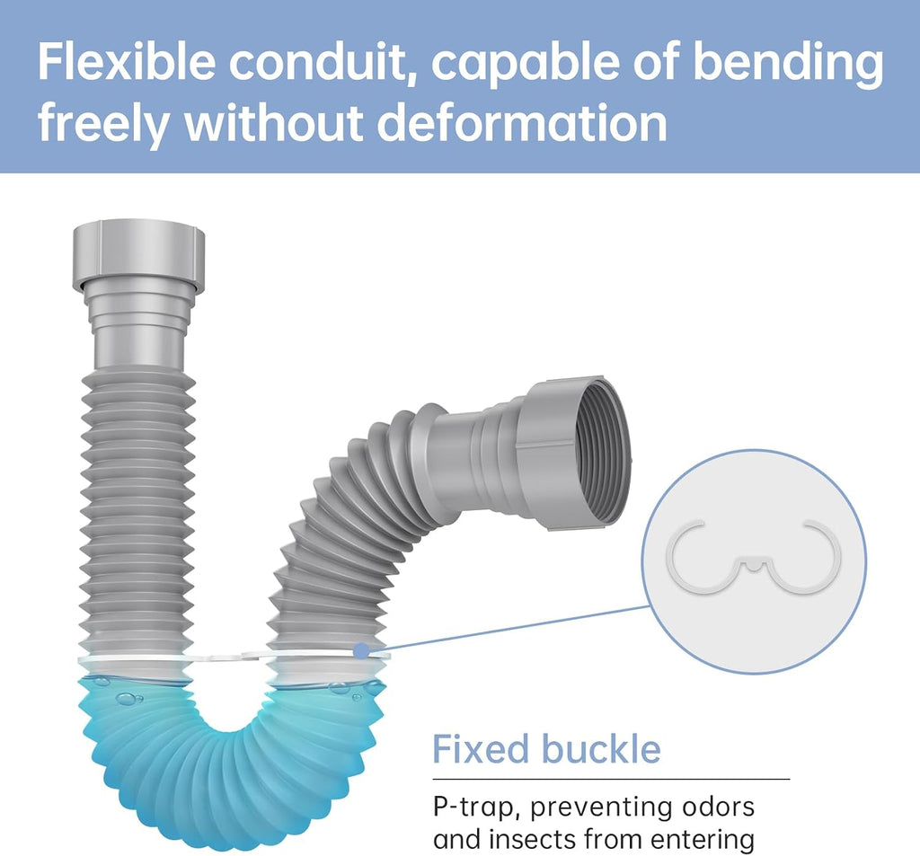 2 Packs Expandable Flexible P-Trap Pipe Kit (1 1/2" or 1 1/4") Single Kitchen Sink Drainage Solution Includes Adapter