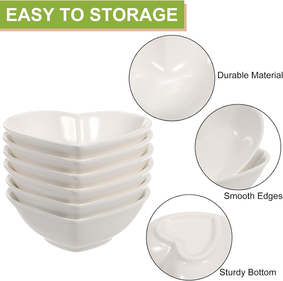White Heart-shaped Ceramic Side Dipping Bowl, 5" Porcelain Dish Bowl Set of 6, Mini Appetizer Plates Seasoning Dishes