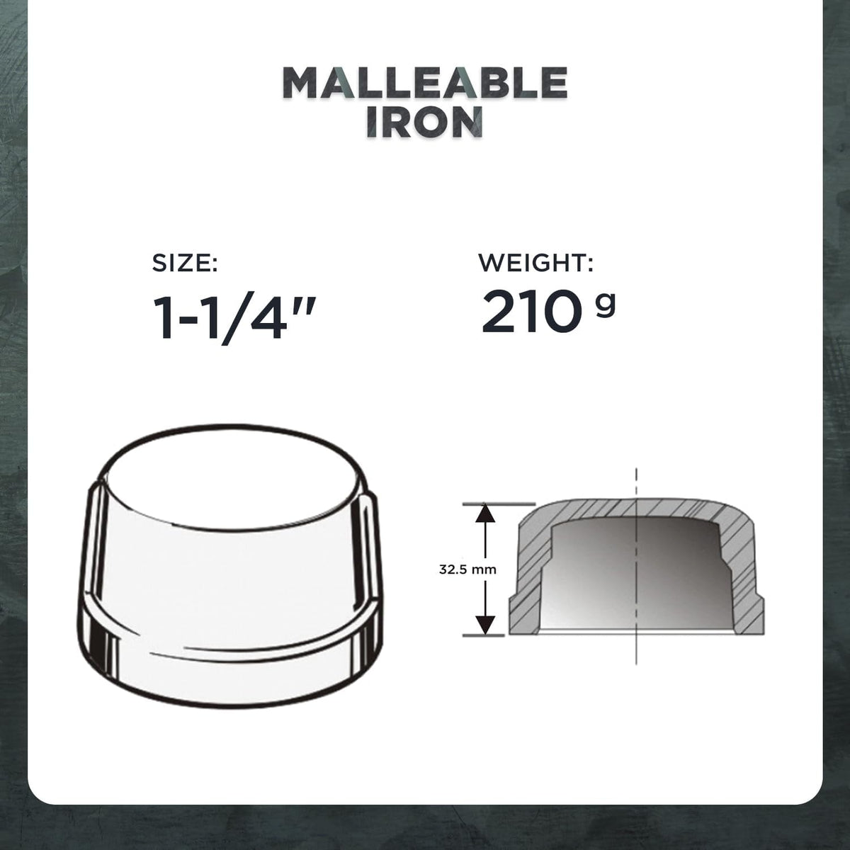 Supply Giant HNDQ0114 1-1/4" Galvanized Malleable Iron Pipe Cap for 150 lb Applications, with Female Thread, 1-1/4 in