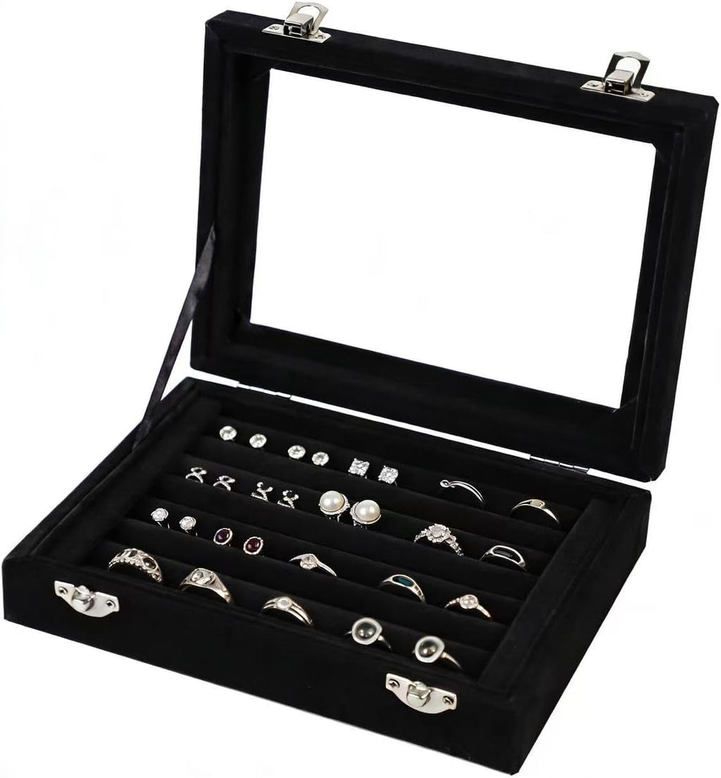 Jewelry Box Rings Organizer Tray 7 Slots Velvet Jewelry Earring Storage Box With Transparent Lid Jewelry Display Case