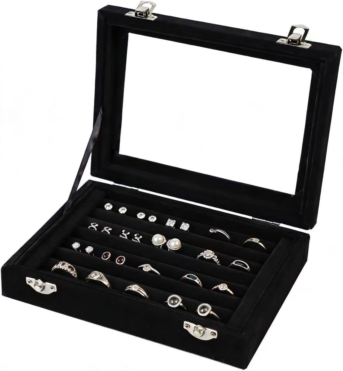 Jewelry Box Rings Organizer Tray 7 Slots Velvet Jewelry Earring Storage Box With Transparent Lid Jewelry Display Case