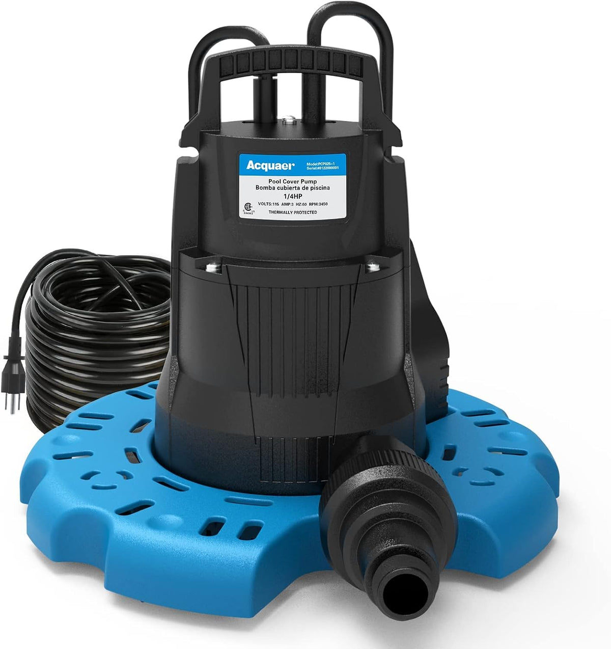 1/4 HP Automatic Swimming Pool Cover Pump, 2250 GPH Submersible Sump Pump with 3/4” Check Valve Adapter & 25ft Power